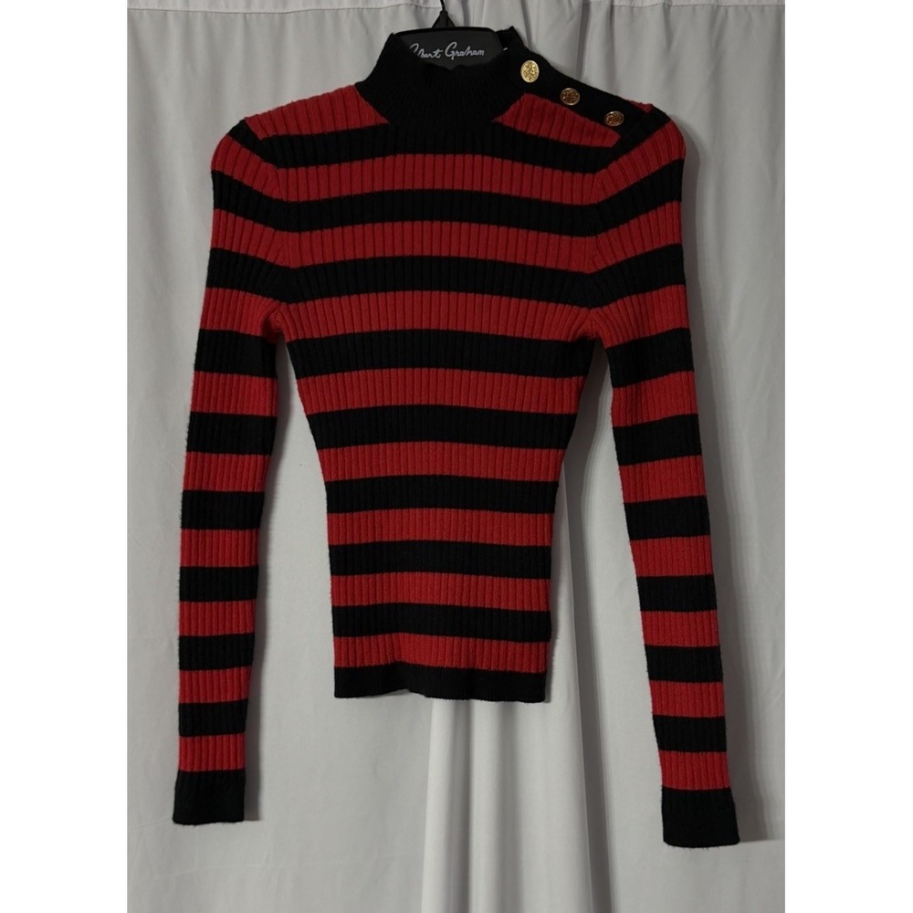 NWT Express Womens Long Sleeve Striped Red Black Pullover Sweater Size XS